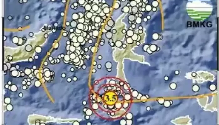Lokasi pusat gempa terjadi pada 1.02 lintang selatan, 127.43 bujur timur.